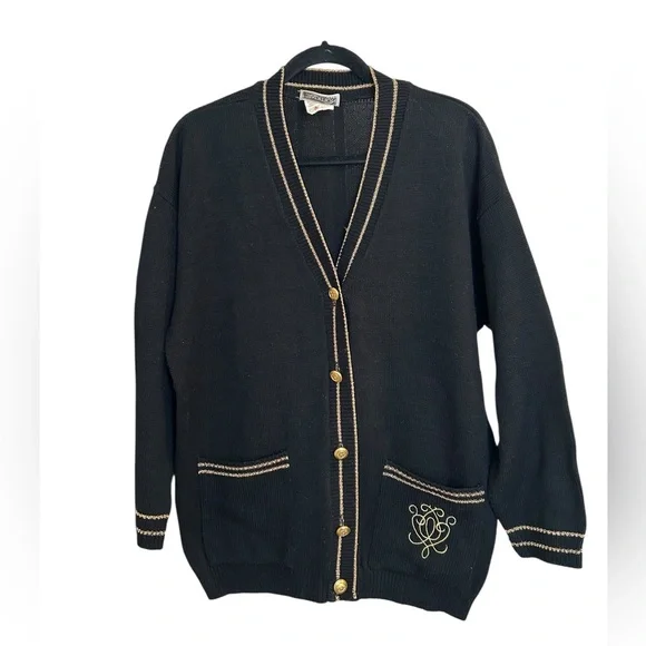 Vintage Sears V-Neck Cardigan with Gold Buttons and Metallic Trim - Picture 1 of 12